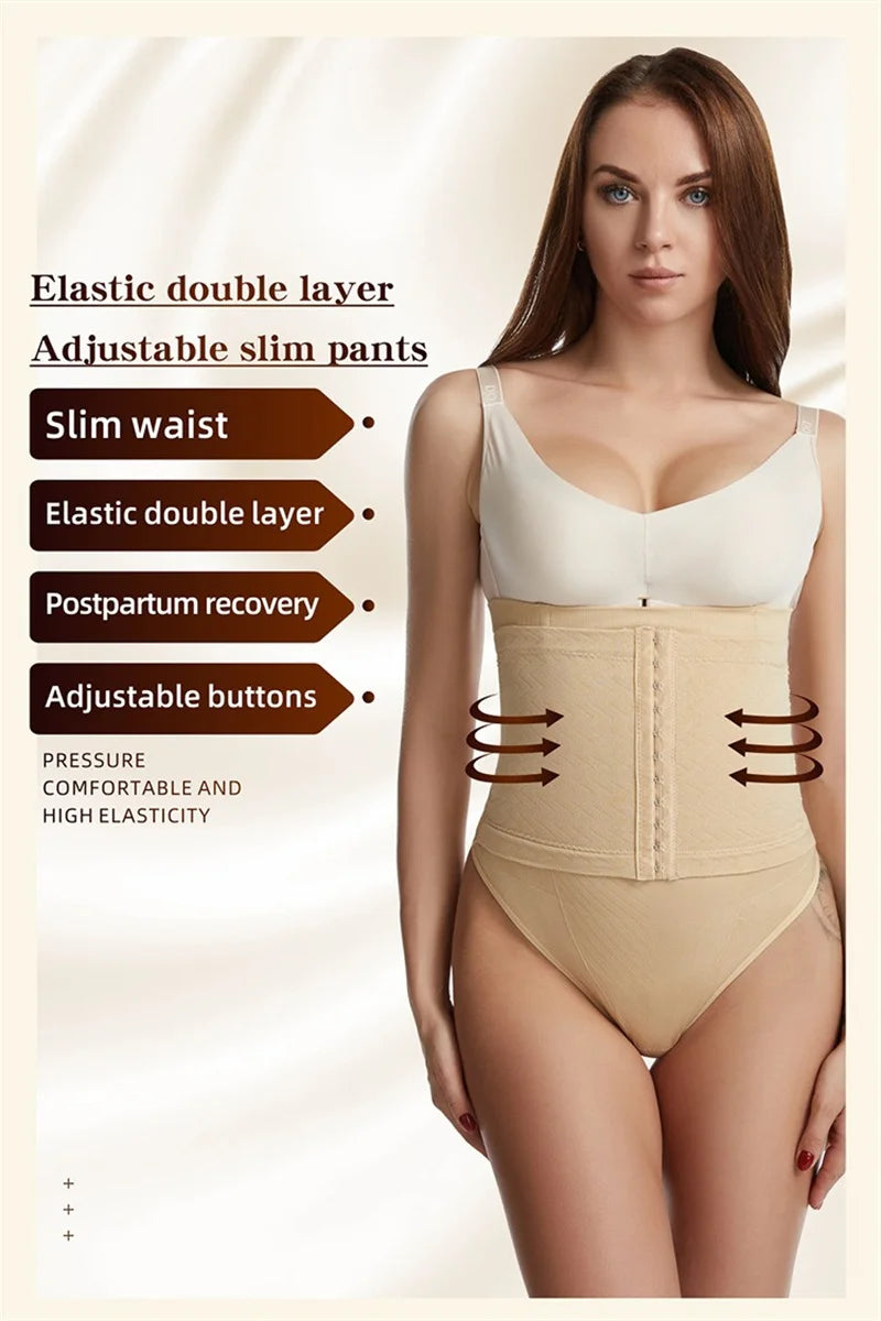 Woman wearing a beige compression garment with text highlighting features on a white background