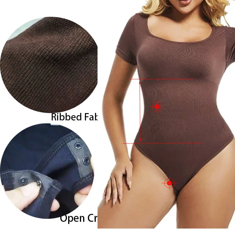 Flat lay of the Seamless Short Sleeve Shapewear Bodysuit: Tummy Control Shaper highlighting soft Spandex elastic material.