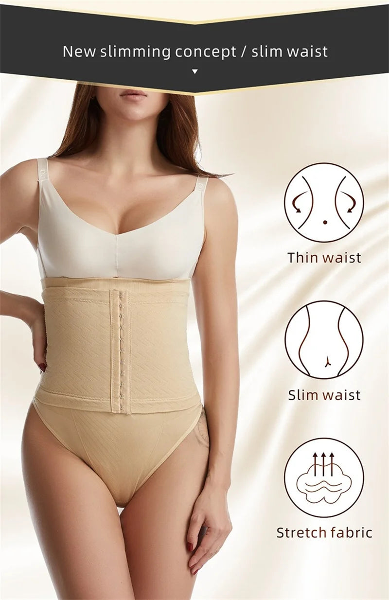 Woman wearing a beige waist trainer with text and icons indicating 'Thin waist', 'Slim waist', and 'Stretch fabric'.