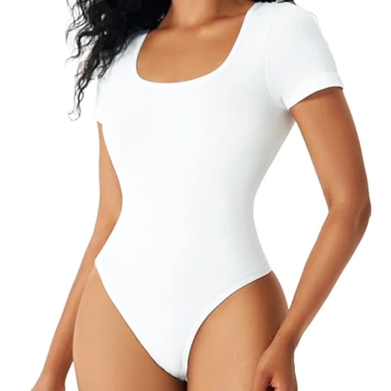 Side view of the Seamless Short Sleeve Shapewear Bodysuit on a model, illustrating comfortable fit and tummy control.