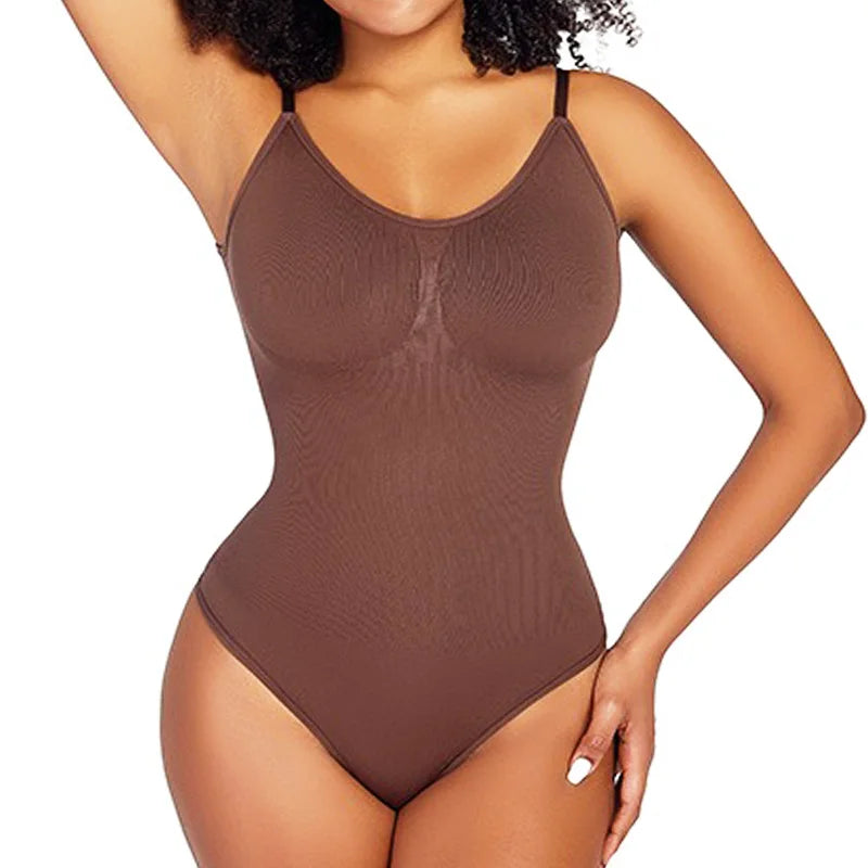 Women's Spandex Thong String Shaper: Open Bust Bodysuit with Tummy Control showing cupless design and adjustable straps.