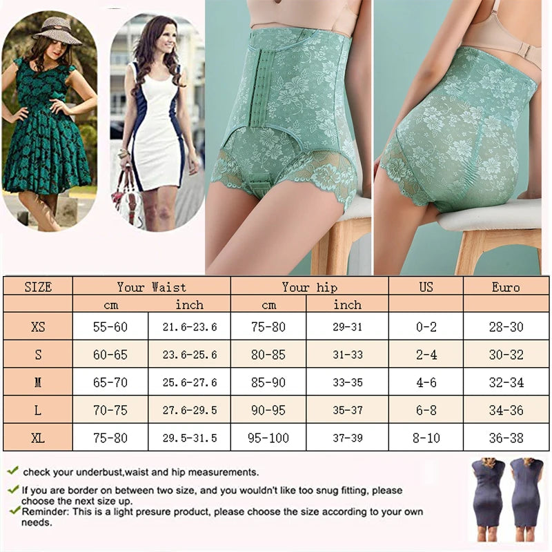 Green lace shapewear with size chart and model wearing it