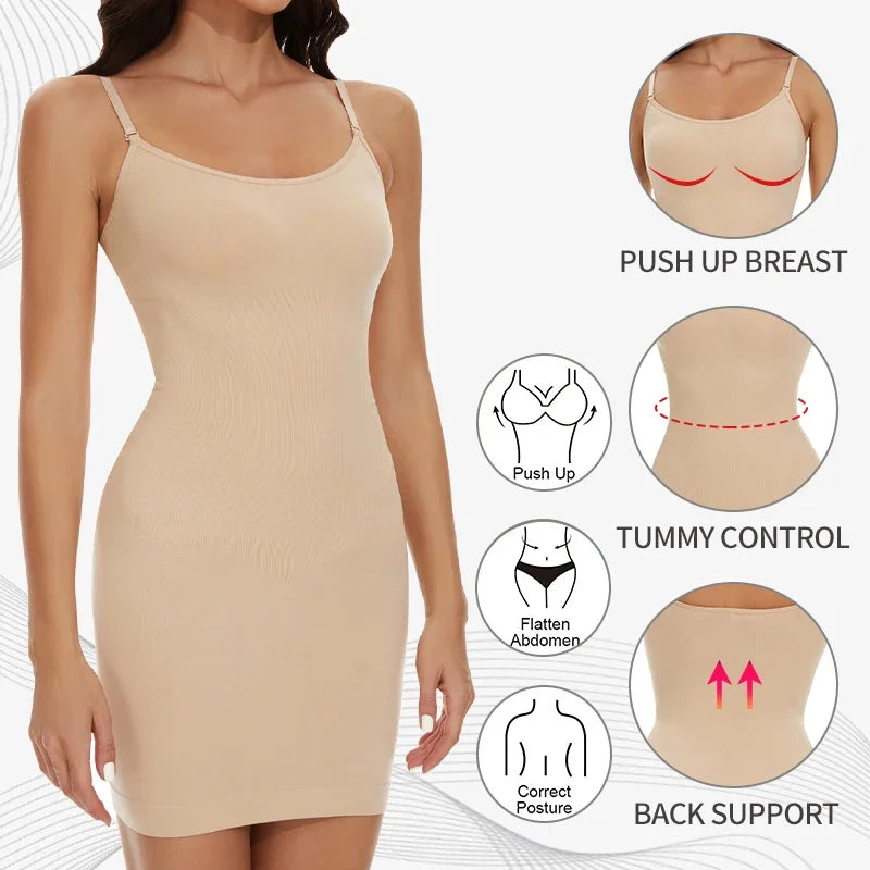 The Invisi-Slip: Tummy Control Shapewear Full Slip displayed on a hanger, featuring the adjustable spaghetti straps and crew neck design.