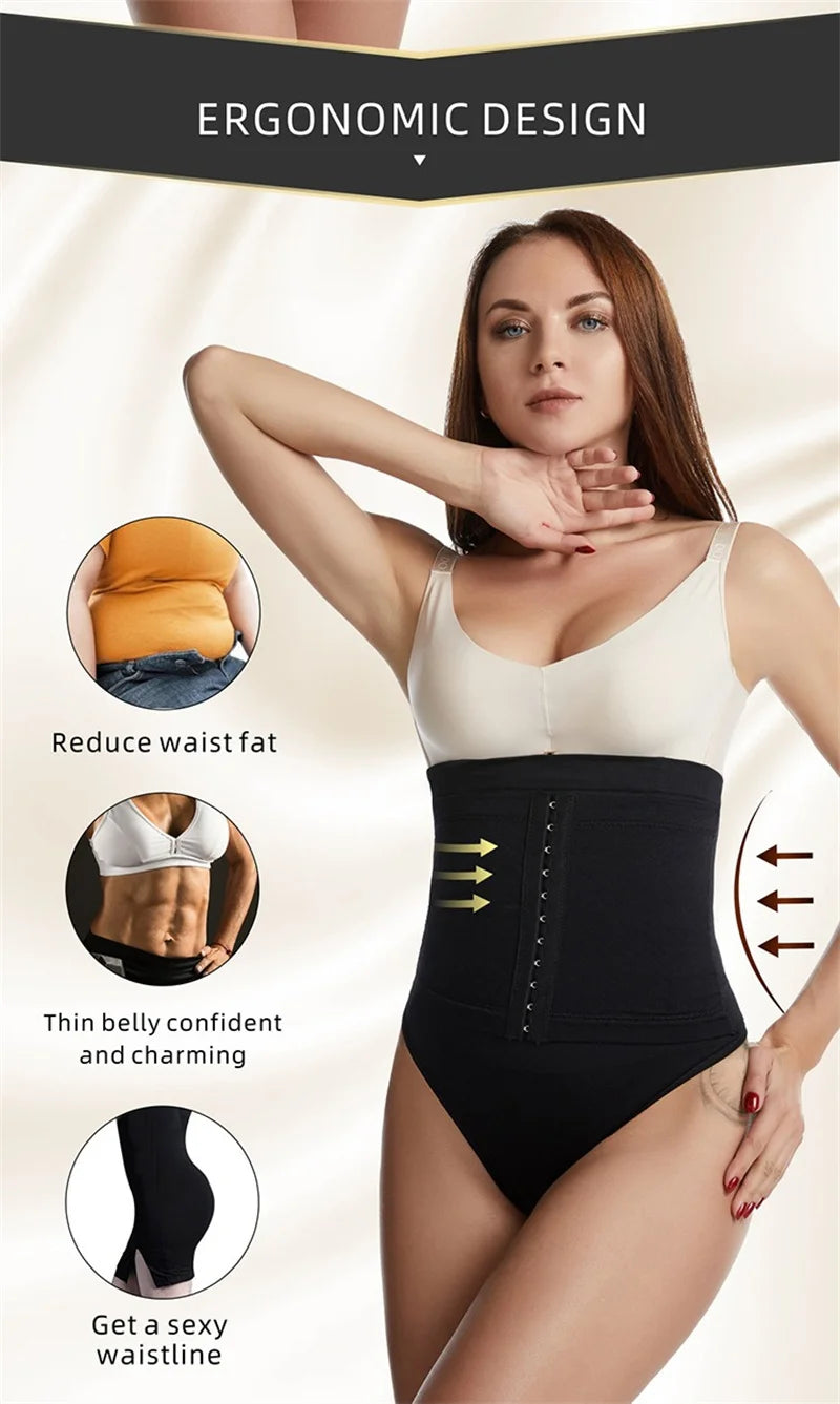 Woman wearing a black waist trainer with text highlighting features on a beige background