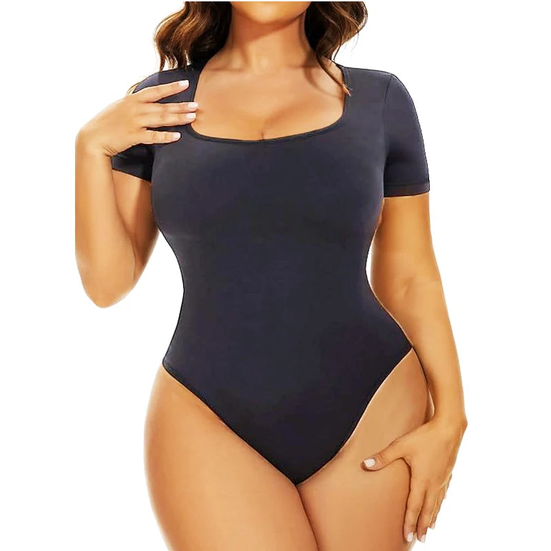 Woman wearing the Seamless Short Sleeve Shapewear Bodysuit: Tummy Control Shaper, styled under a fashionable outfit.