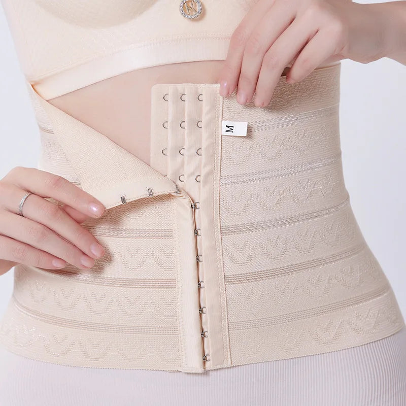 Beige waist trainer being worn by a person on a white background