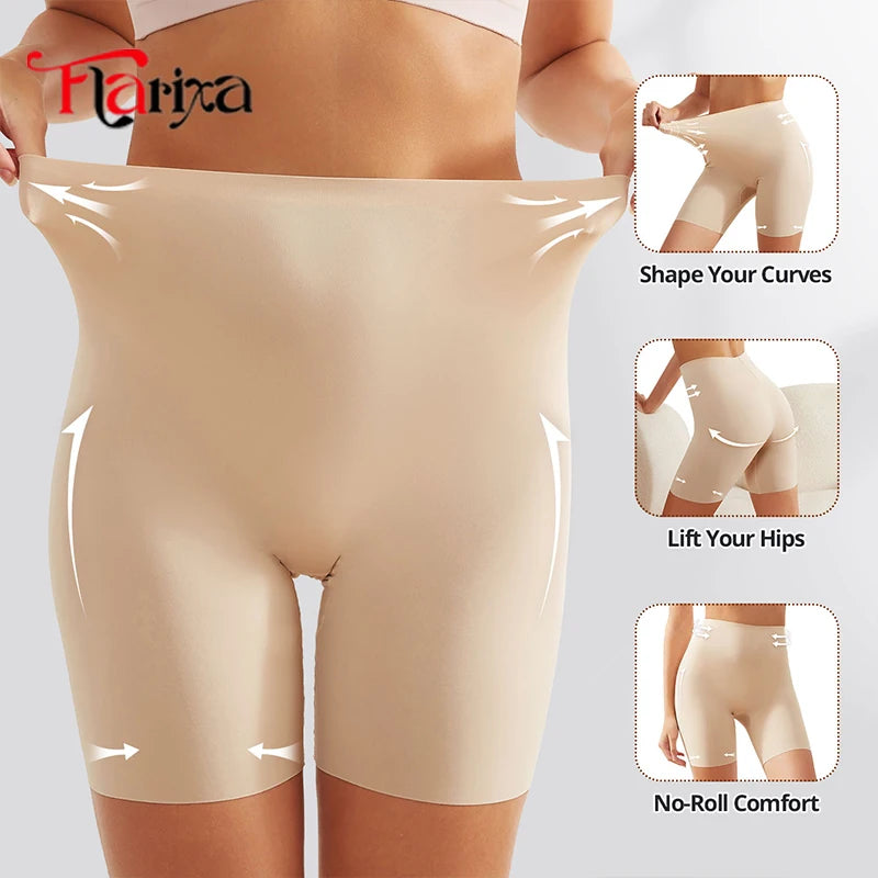 High Waist Safety Shorts - Anti-Light, Anti-Chafe Under Dress Cycling Underwear displayed on a model, highlighting their versatility under various outfits.