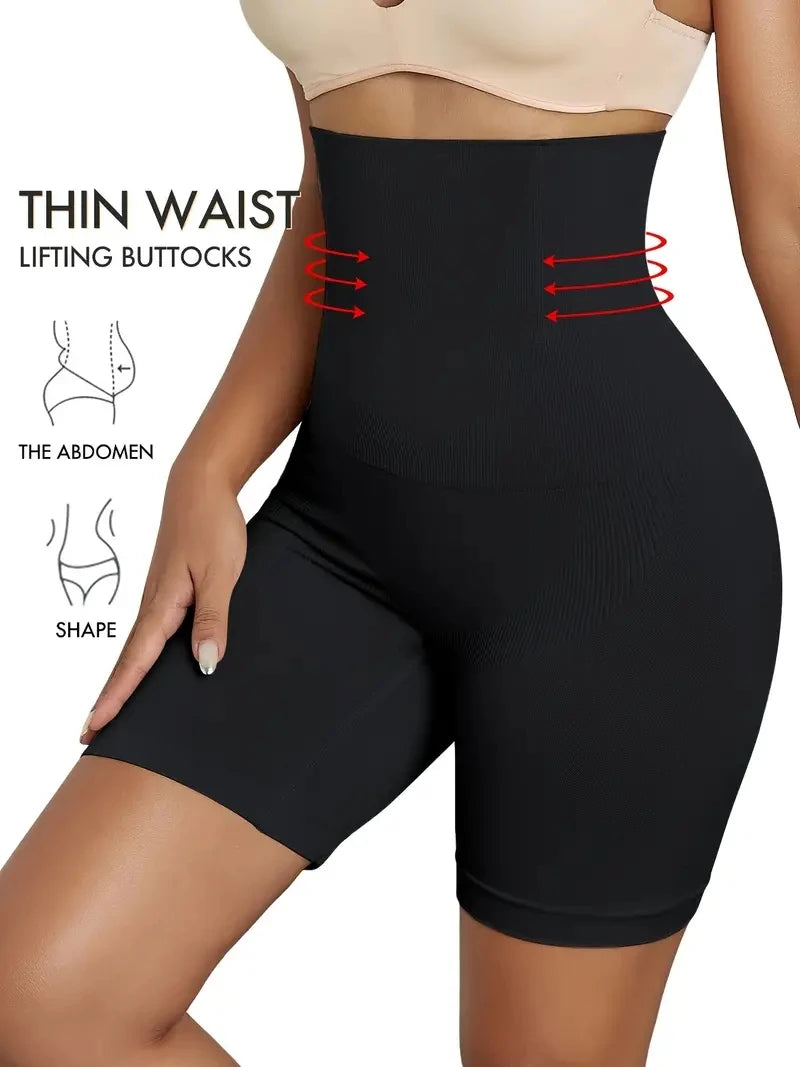 Infographic of The Slimming Shorty: High Waist Tummy Control Shaping Shorts, detailing the benefits of medium-to-firm control and seamless design.