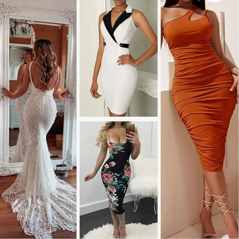 Collage of various women wearing different dresses in a room setting.