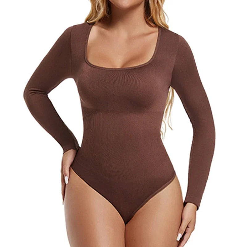 Close-up of the Seamless Long Sleeve Shapewear Bodysuit: Tummy Control Shaper with Open Crotch & Big U-Neck, highlighting the elastic spandex fabric that provides gentle shaping and tummy control.