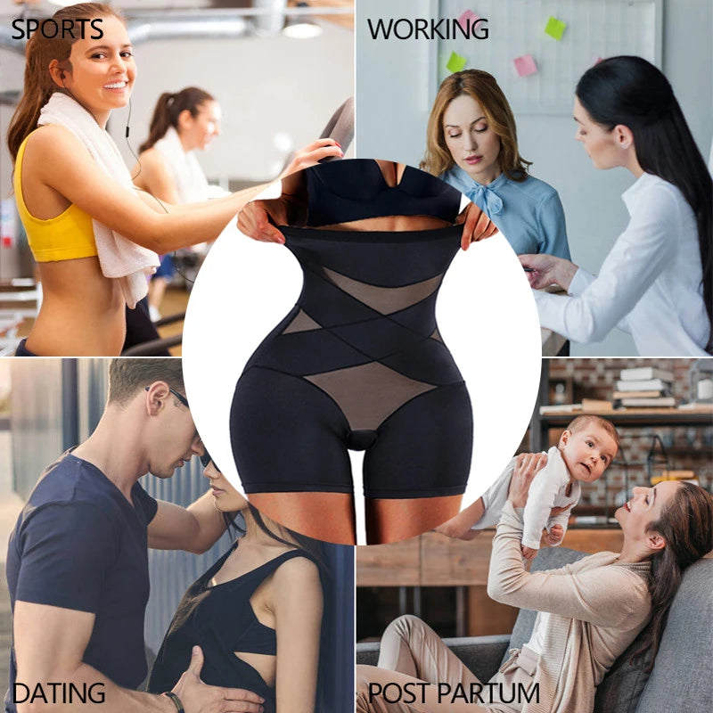 Black shapewear with various lifestyle images on a white background