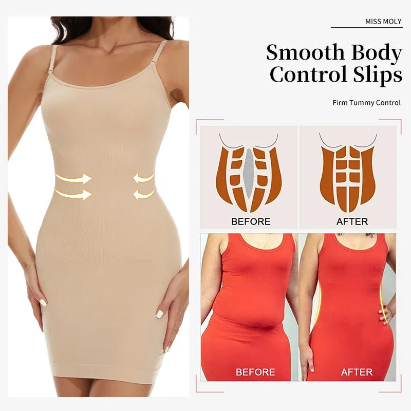 A model wearing The Invisi-Slip: Tummy Control Shapewear Full Slip under a dress, showcasing its perfect fit and tummy control.