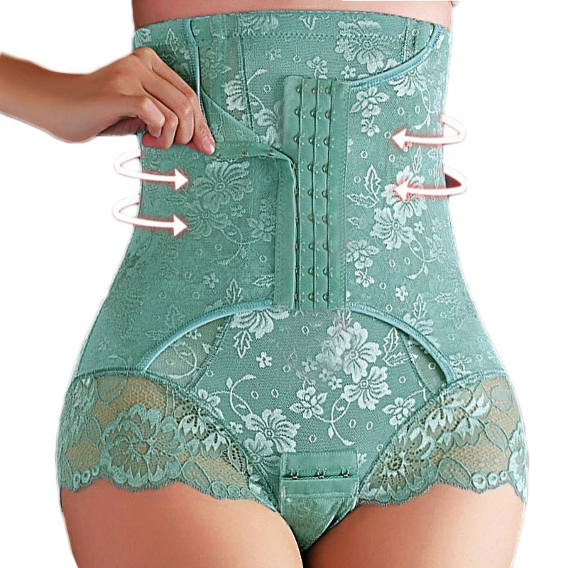 Teal waist trainer with floral lace details on a white background
