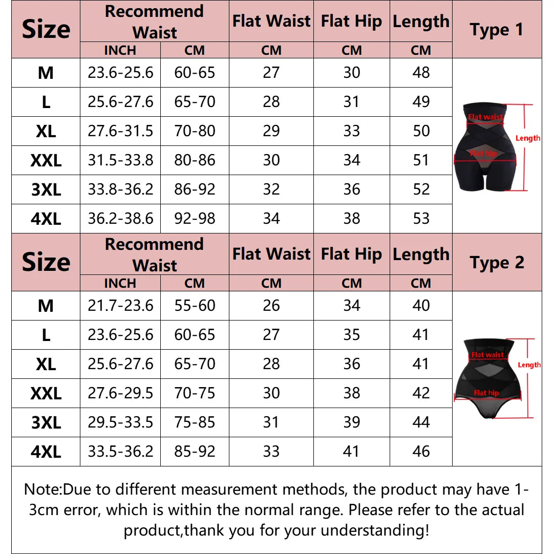 Size chart for waist training corsets with measurements in inches and centimeters.