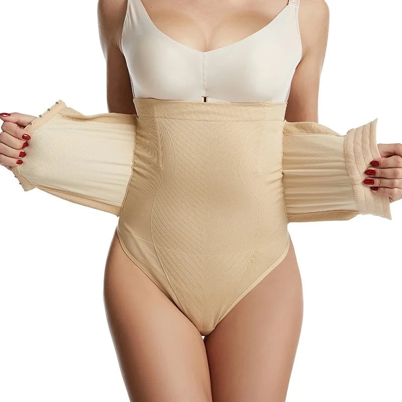 Woman wearing a beige shapewear bodysuit on a white background