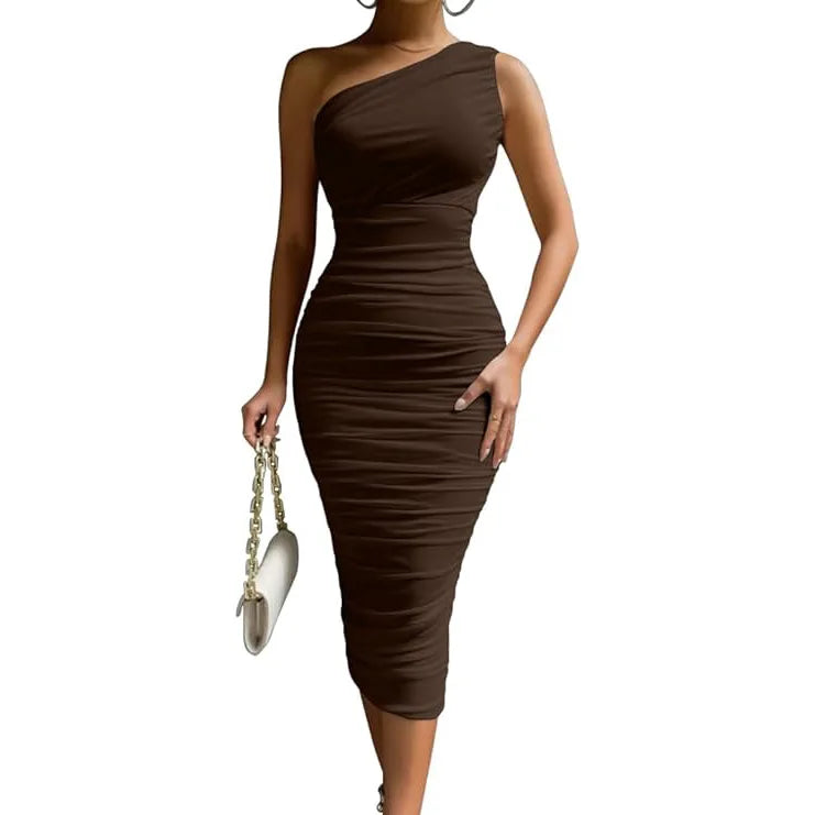 Brown one-shoulder dress worn by a model on a white background
