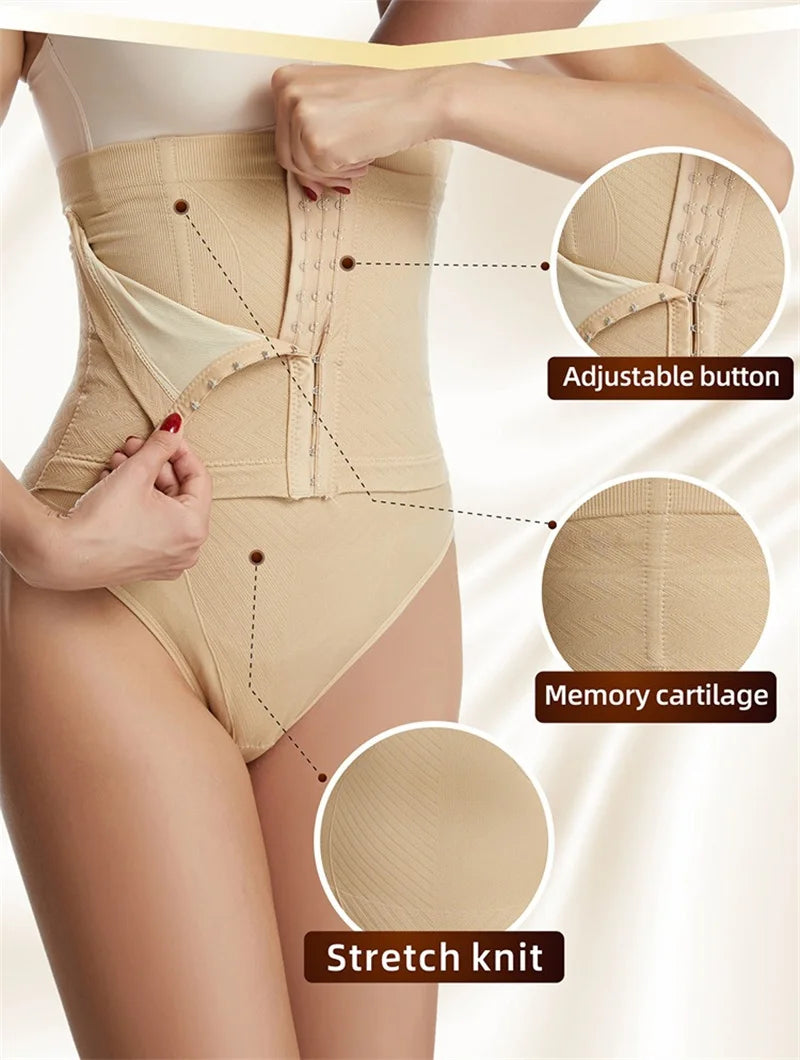 Beige waist trainer with labeled features on a white background