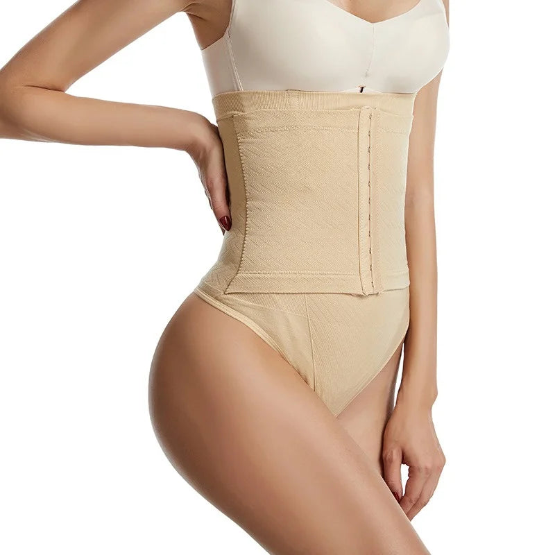 Beige waist trainer worn by a person on a white background
