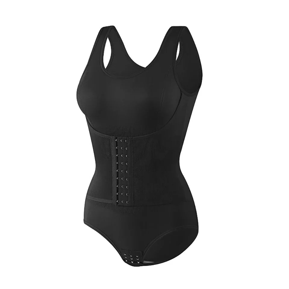 User review collage praising the PowerSlim Bodysuit and its effective tummy control features.
