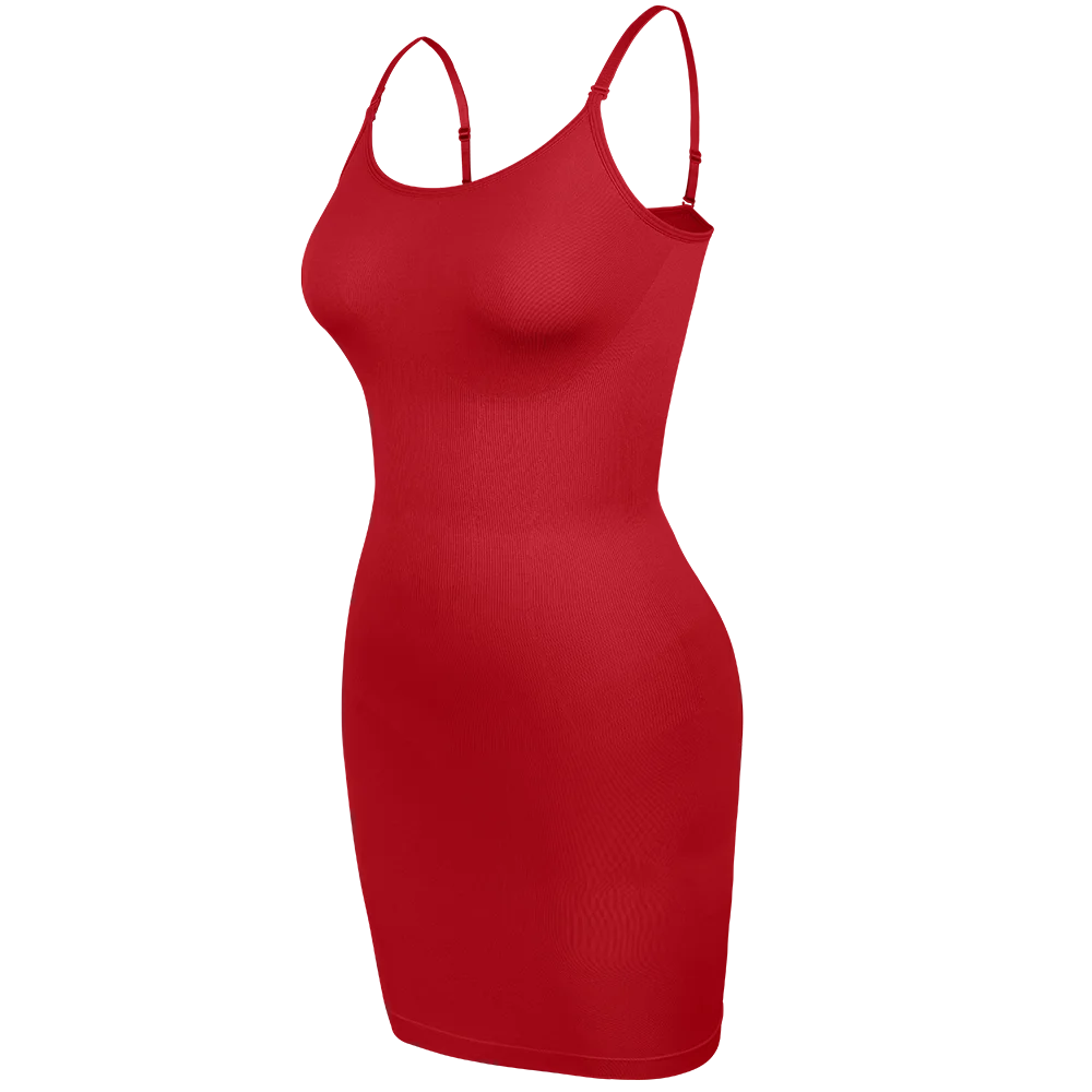 The Invisi-Slip: Tummy Control Shapewear Full Slip paired with various dresses, demonstrating its versatility under different styles.