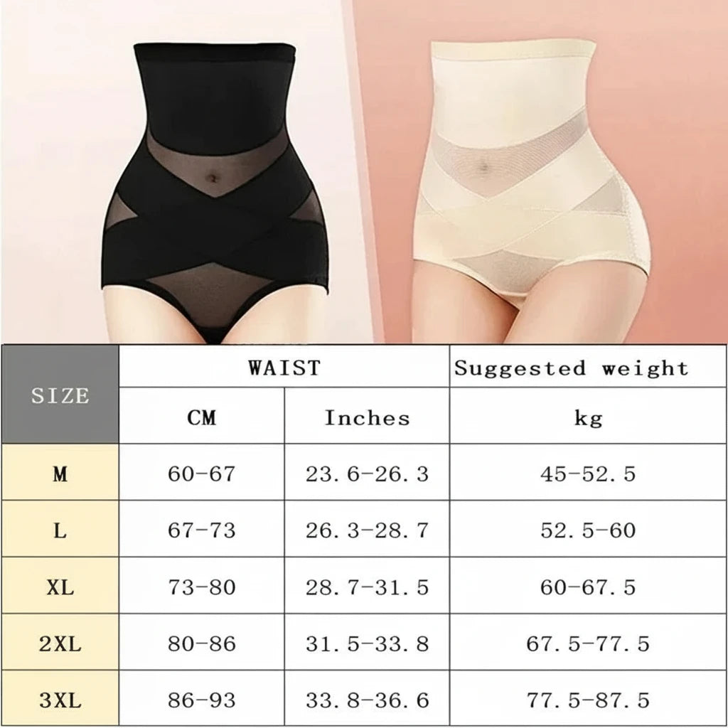 Black and beige shapewear with size chart on a pink background