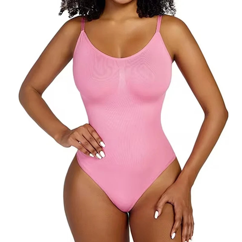 Women's Spandex Thong String Shaper: Open Bust Bodysuit emphasizing targeted tummy compression and seamless appearance.