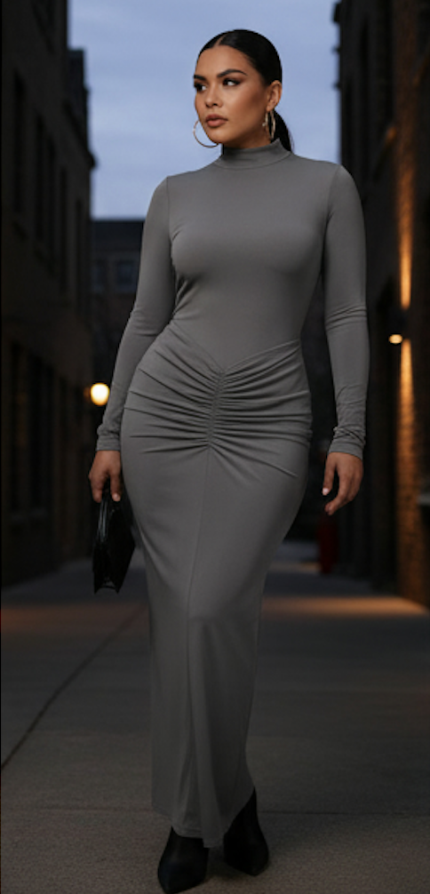 The Sculpt Maxi Dress: Autumn High Collar Shirring Bodycon Robe