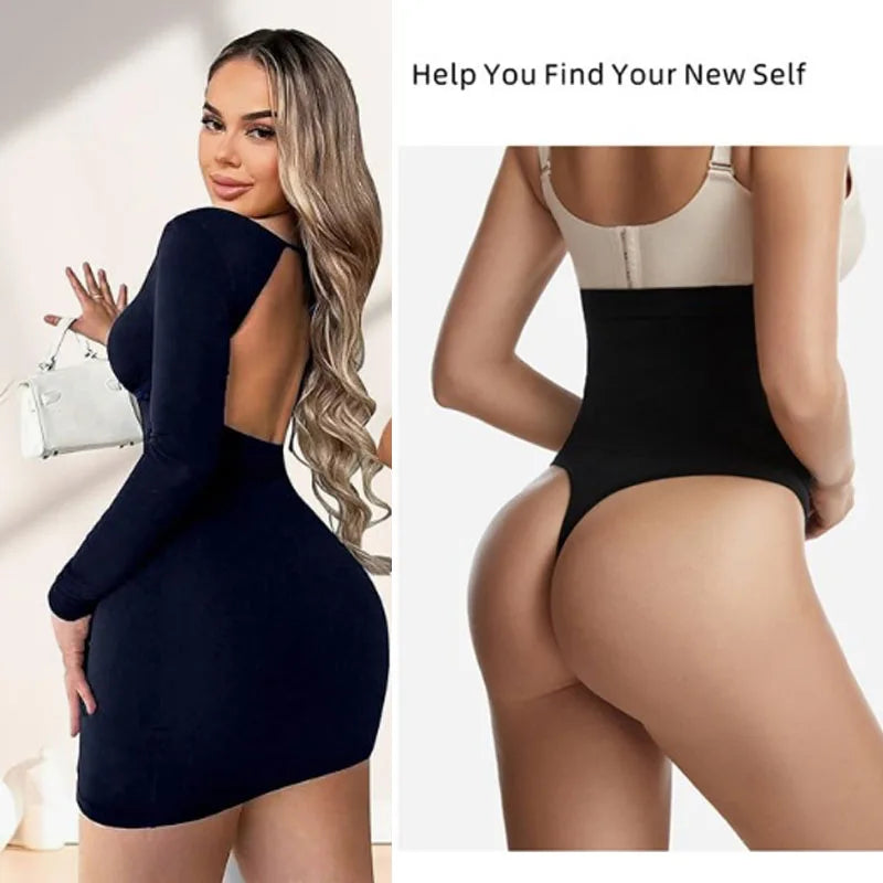Woman in a navy blue dress on the left and a black shapewear garment on the right with text 'Help You Find Your New Self'.