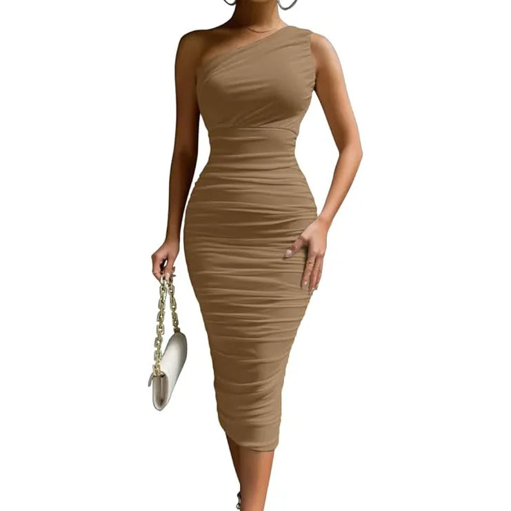 Beige one-shoulder dress worn by a model on a white background
