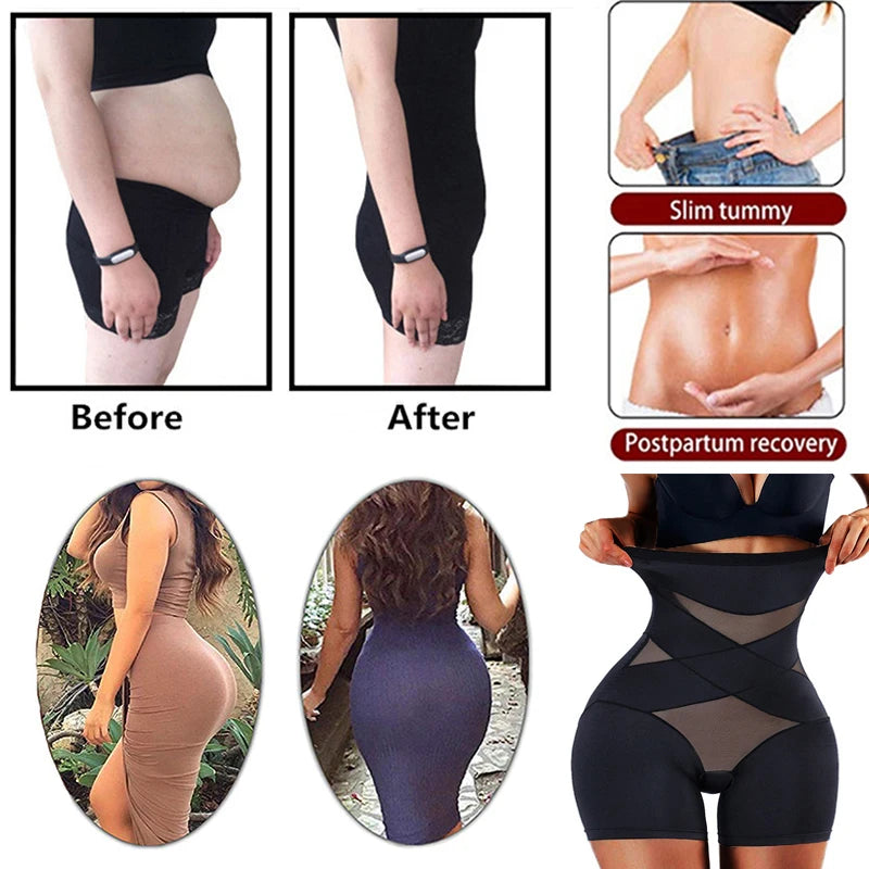 Before and after comparison of a person wearing a black shapewear product, highlighting slim tummy and postpartum recovery benefits.