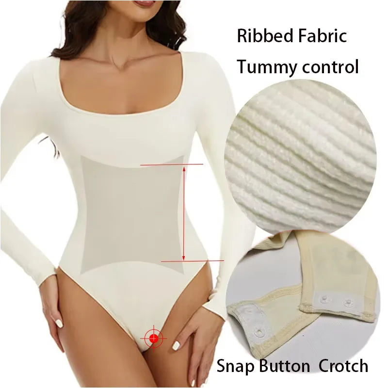 Model wearing the Seamless Long Sleeve Shapewear Bodysuit: Tummy Control Shaper with Open Crotch & Big U-Neck, demonstrating its flattering fit under a stylish outfit.