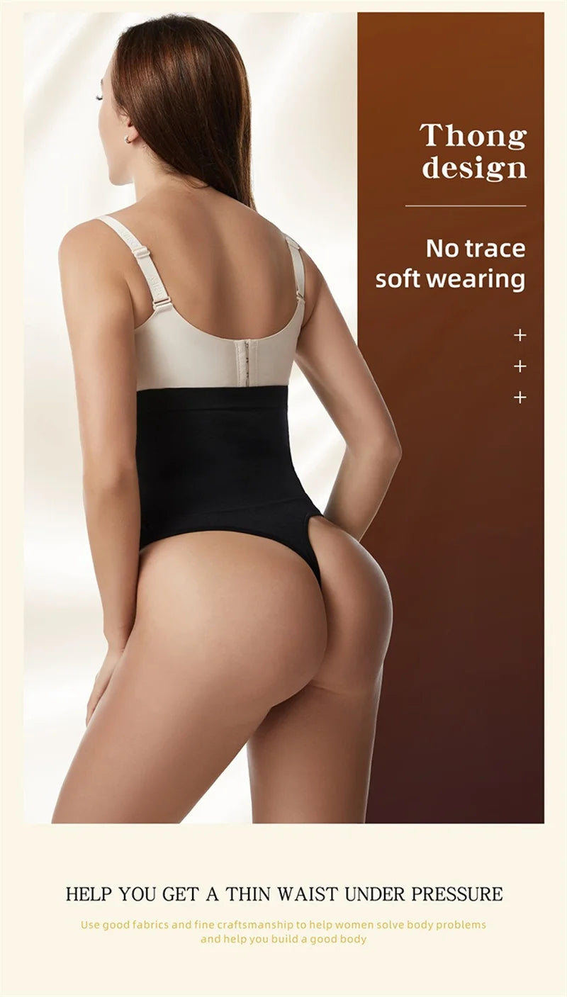 Woman wearing a black thong design body shaper with text on a beige background