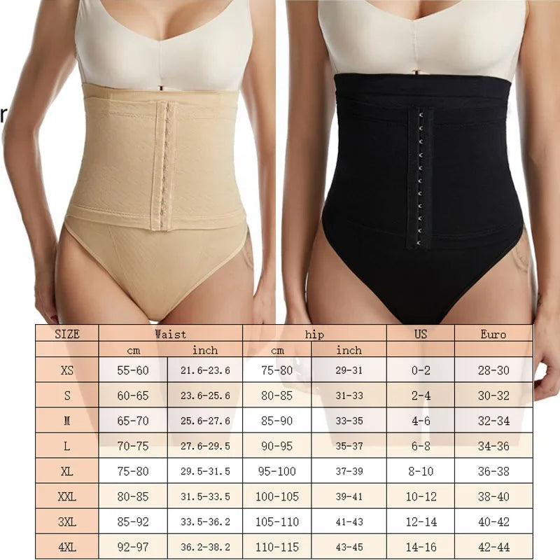 Two waist training corsets, one beige and one black, on a white background with a size chart below.