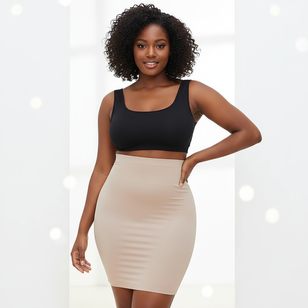 Woman wearing a black crop top and beige skirt on a white background