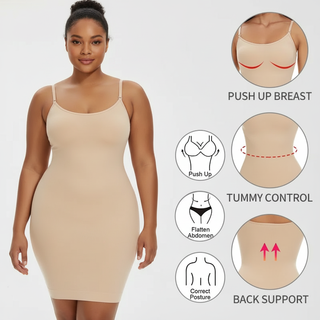 The Invisi-Slip: Tummy Control Shapewear Full Slip - Crew Neck Mini Cami Under Dress Shaper