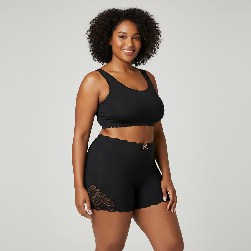 Woman wearing a black lace-trimmed top and shorts set on a plain background