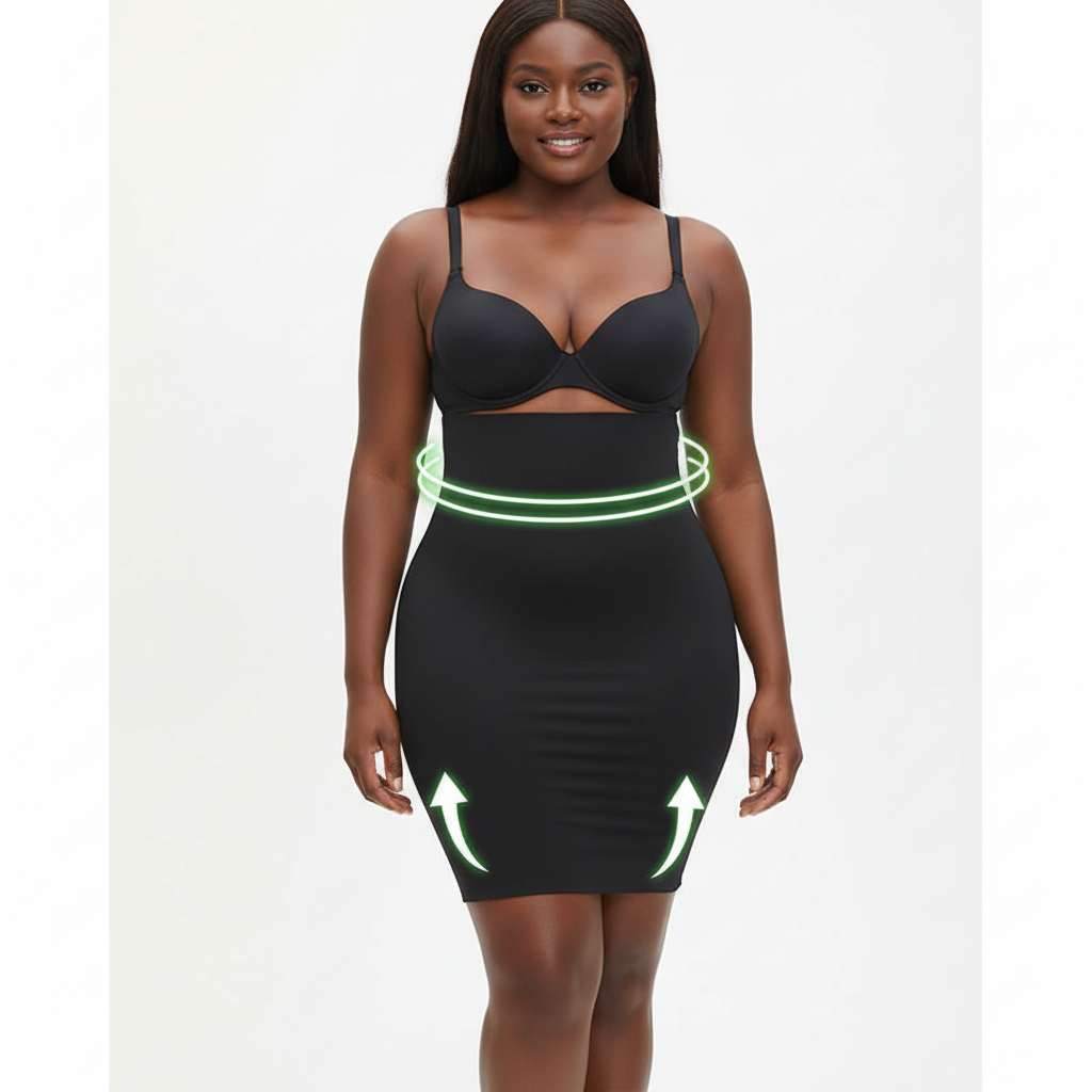 Woman wearing a black dress with neon green accents on a white background