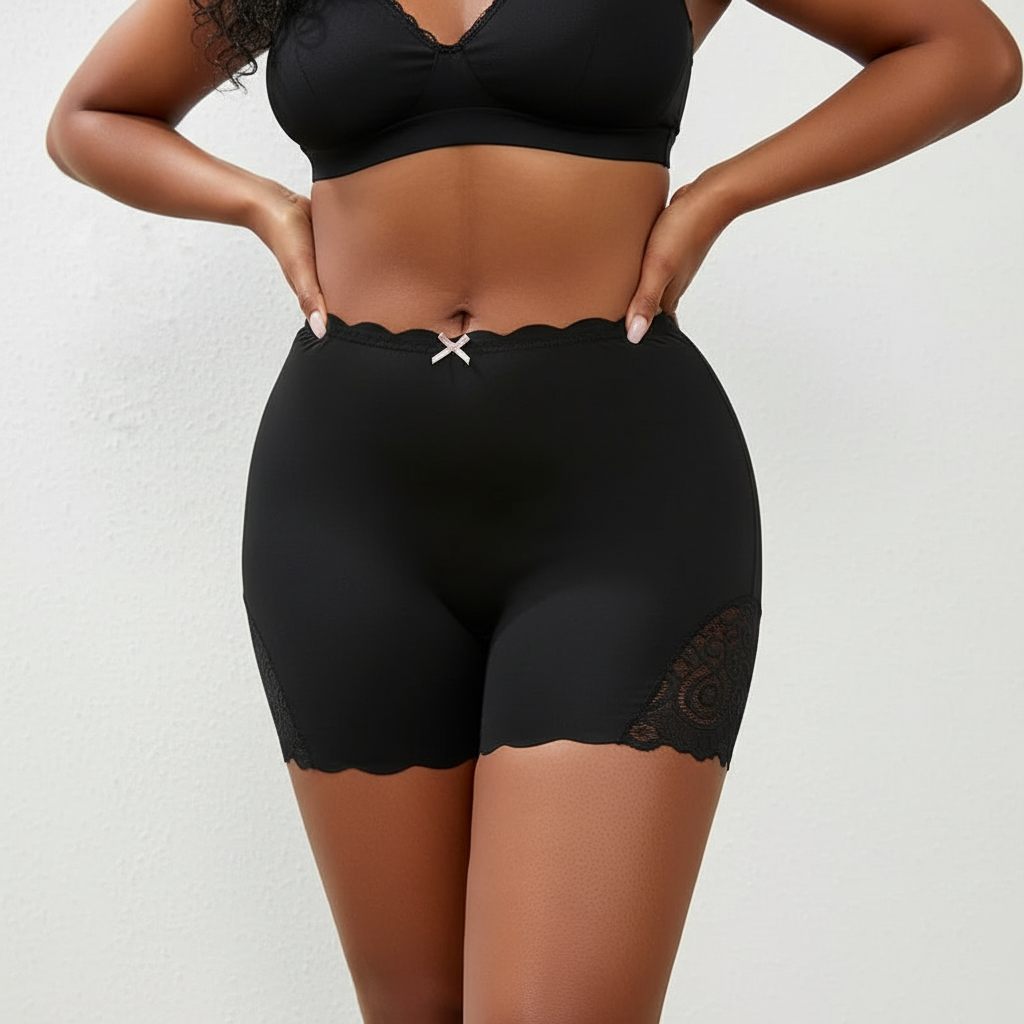 Person wearing black lace-trimmed shorts on a white background