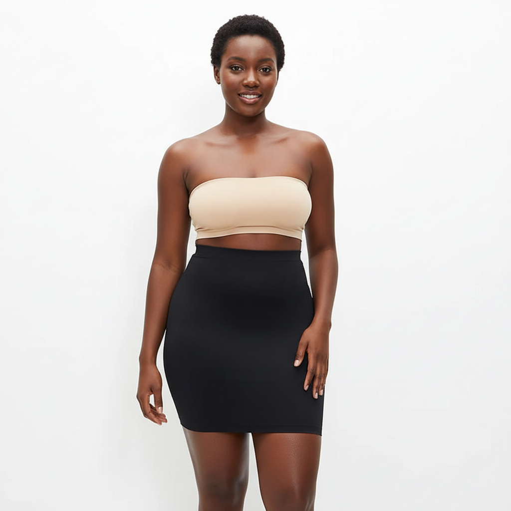 Woman wearing a beige strapless top and black skirt on a white background