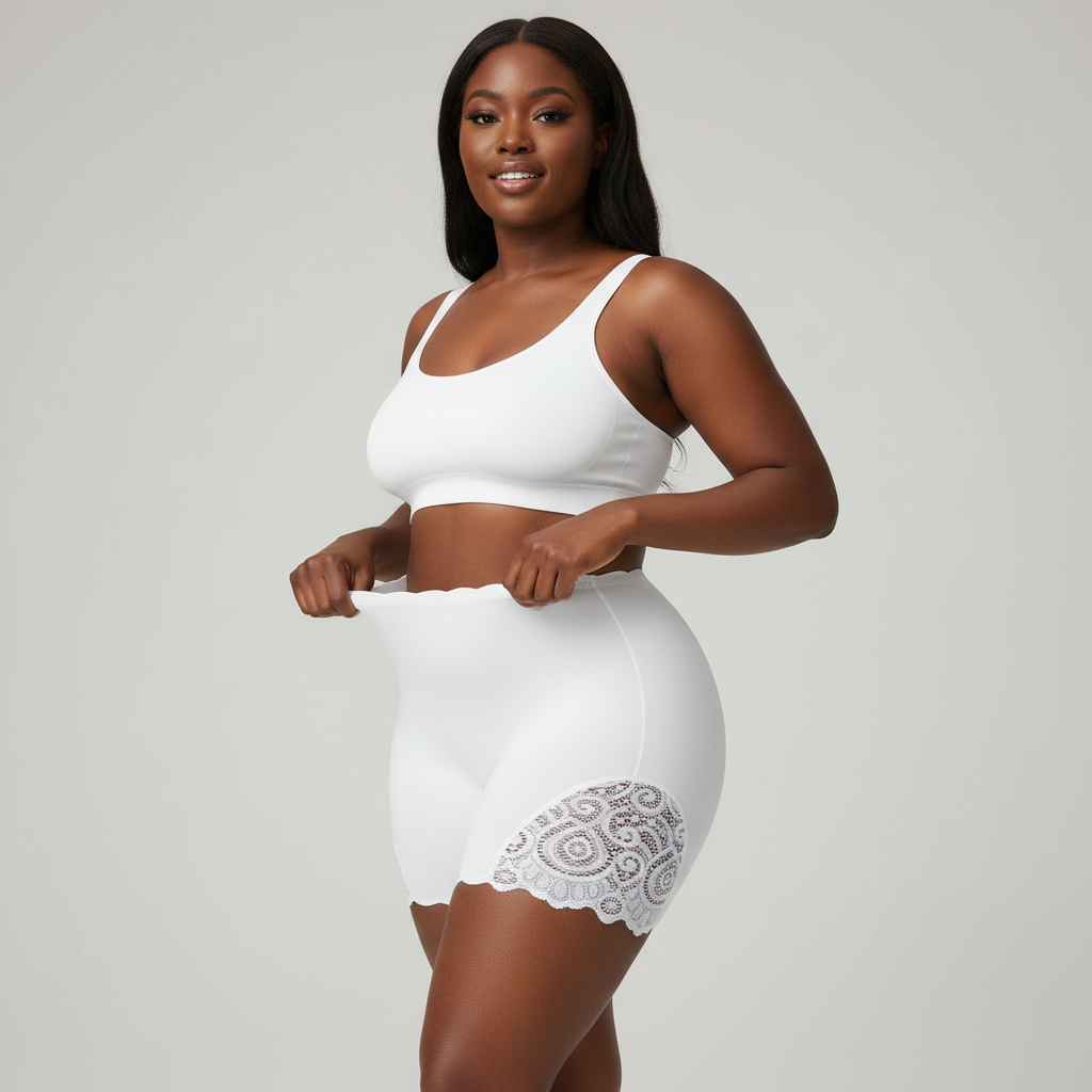 Woman wearing a white lace-trimmed skirt and top on a plain background