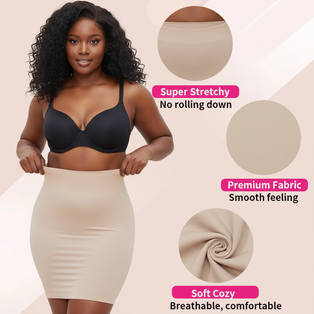 Woman wearing a black bra and beige shapewear with fabric feature text on a pink background