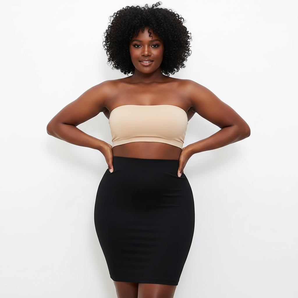 Woman wearing a beige strapless top and black skirt on a white background